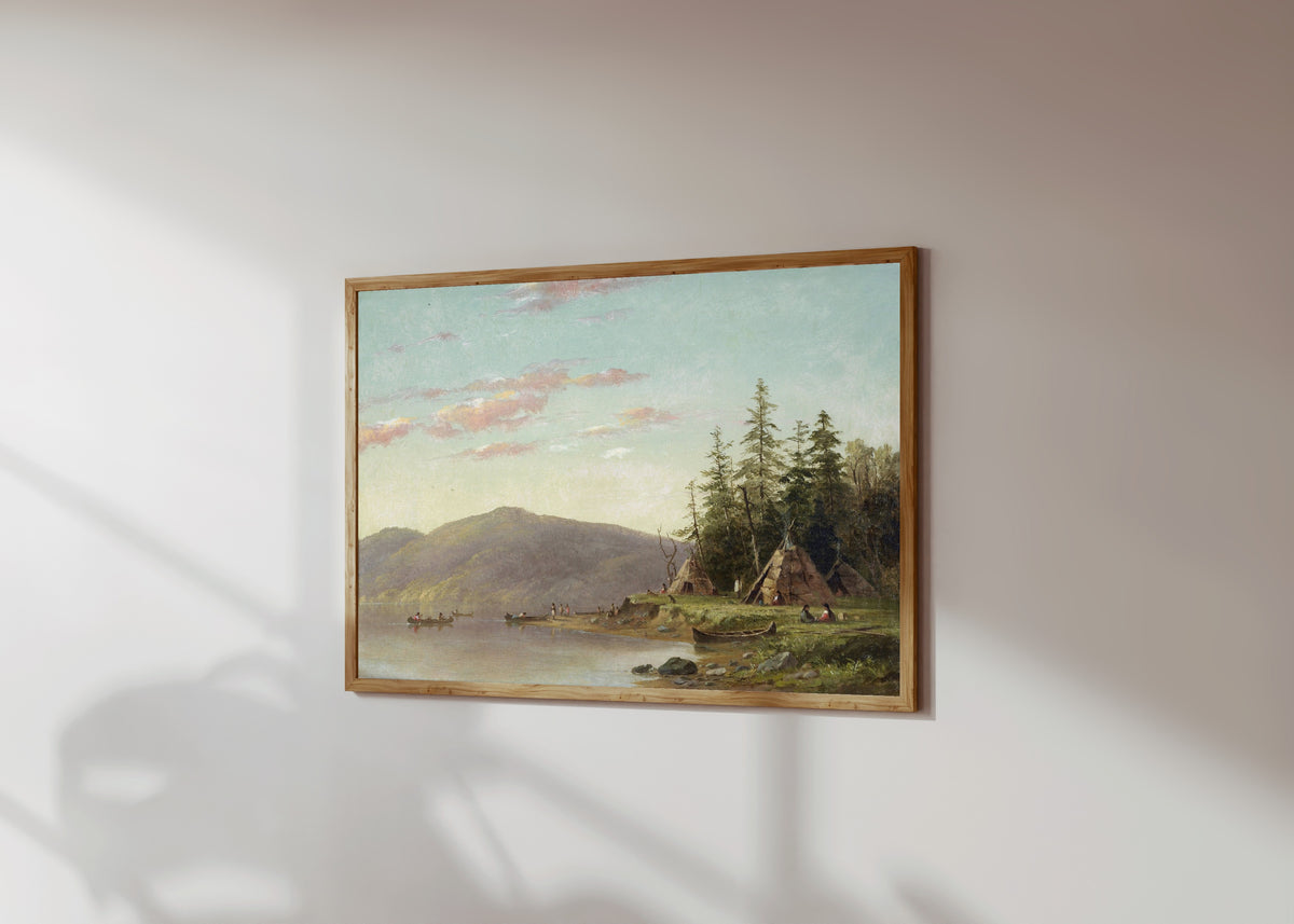Framed art print of Chippewa Encampment on the Upper Mississippi by Seth Eastman, in a light wood frame on a sunlit white wall, seen at a slight angle