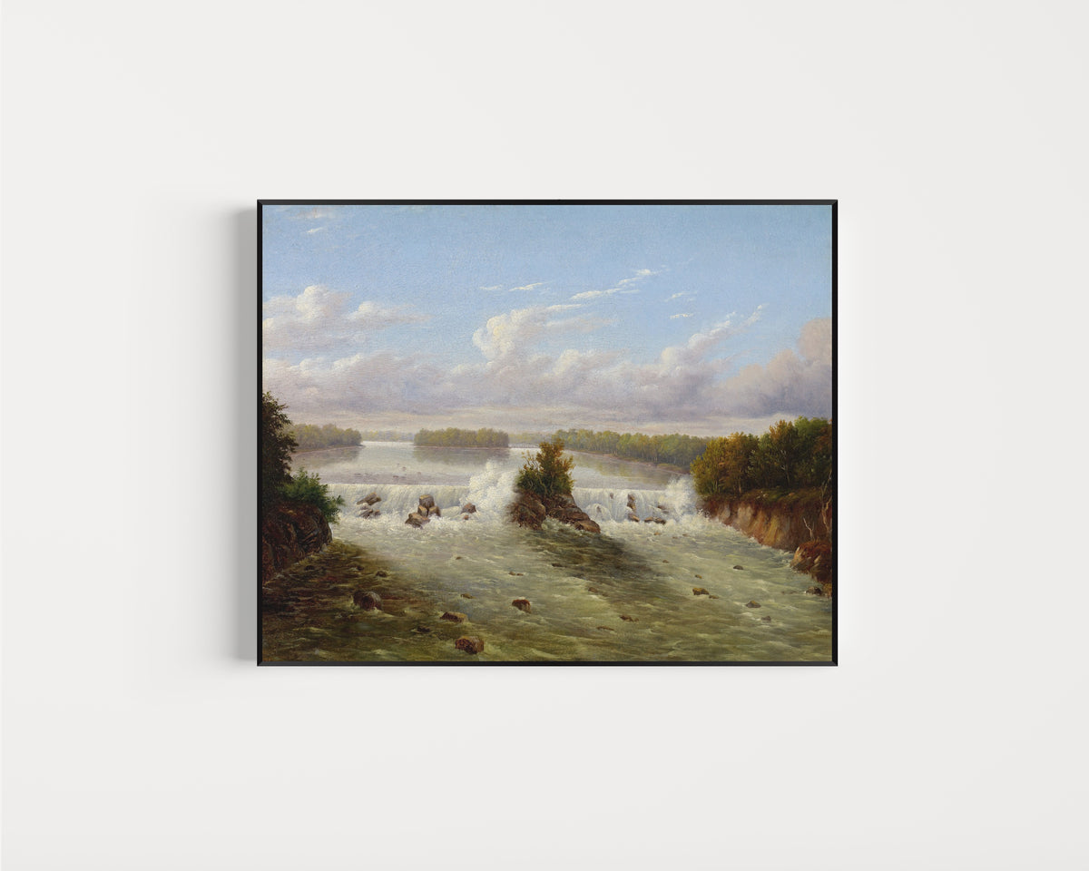 Framed art print of The Falls of St. Anthony by Seth Eastman, in a slim black frame on a plain white wall