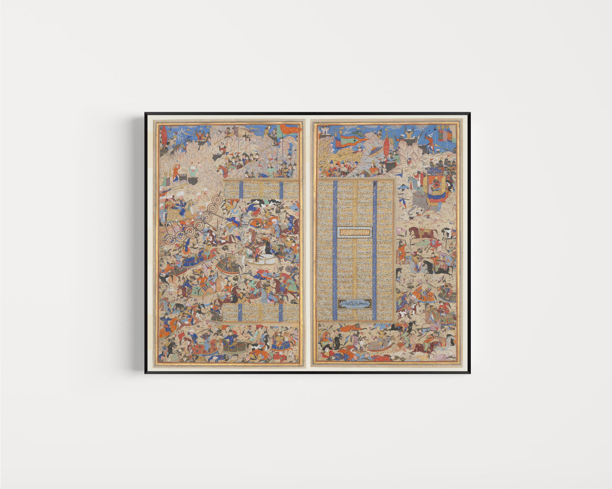 Framed art print of Battle Scene by Shahnameh (Firdausi), in a slim black frame on a plain white wall