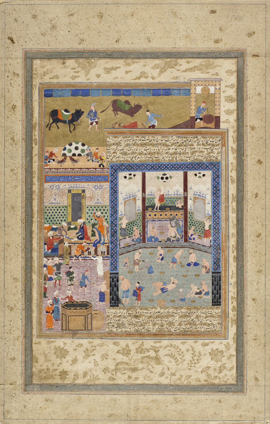 Shahnama: Firdawsi Receiving Wages in a Bathhouse | Persian Miniature Art Print shown to scale on a wall above a sofa