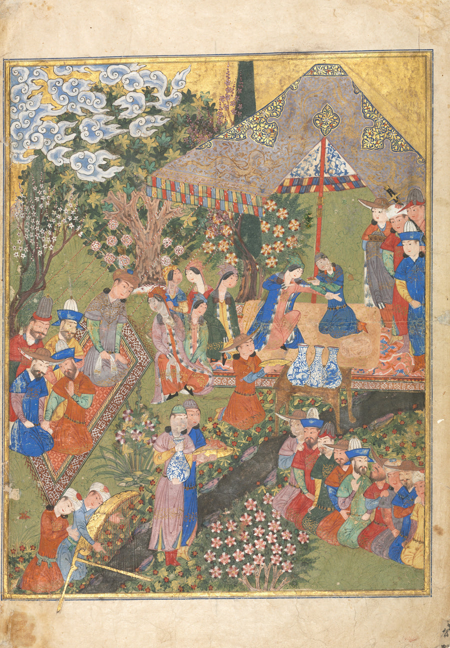 Shahnama Frontispiece: Royal Reception in a Landscape | Persian Miniature Art Print shown to scale on a wall above a sofa