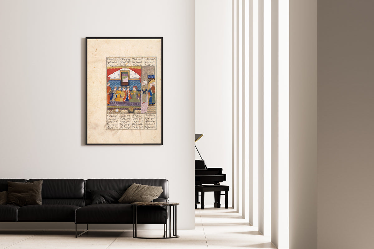 Framed art print of Shahnama: Nushirwan Sends Mihran Sitad to Fetch the Daughter of the King of China, on the wall of a minimal living room