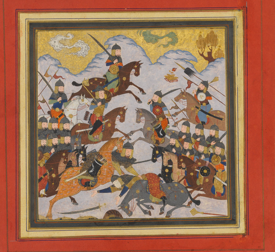 Shahnama: Rustam Seizes Afrasiyab by the Girdle and Lifts him from the Saddle | Islamic Manuscript Painting Print shown to scale on a wall above a sofa