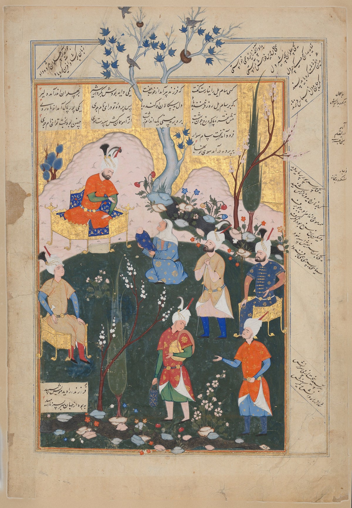 Birth of Zal by Shahnameh (Firdausi) — A woman presents a swaddled infant to an enthroned ruler