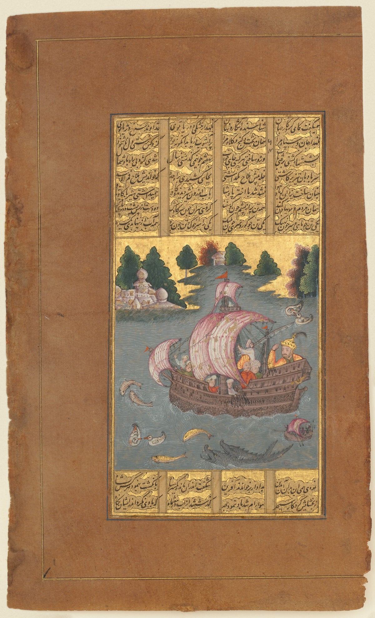 Kai Khusrau Crosses the Sea by Shahnameh (Firdausi) — A striped-sailed ship crosses a sea of fish and a scaled creature