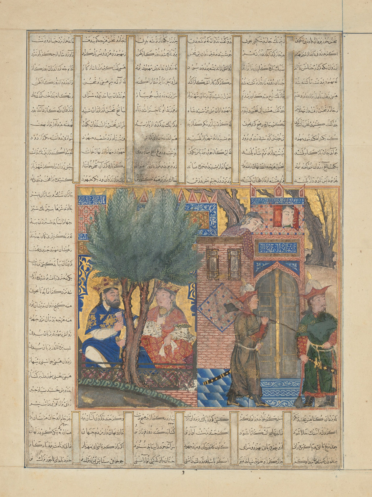 Nushirvan Eating Food Brought by the Sons of Mahbud by Shahnameh (Firdausi) — A crowned king receives food at a garden tower gate