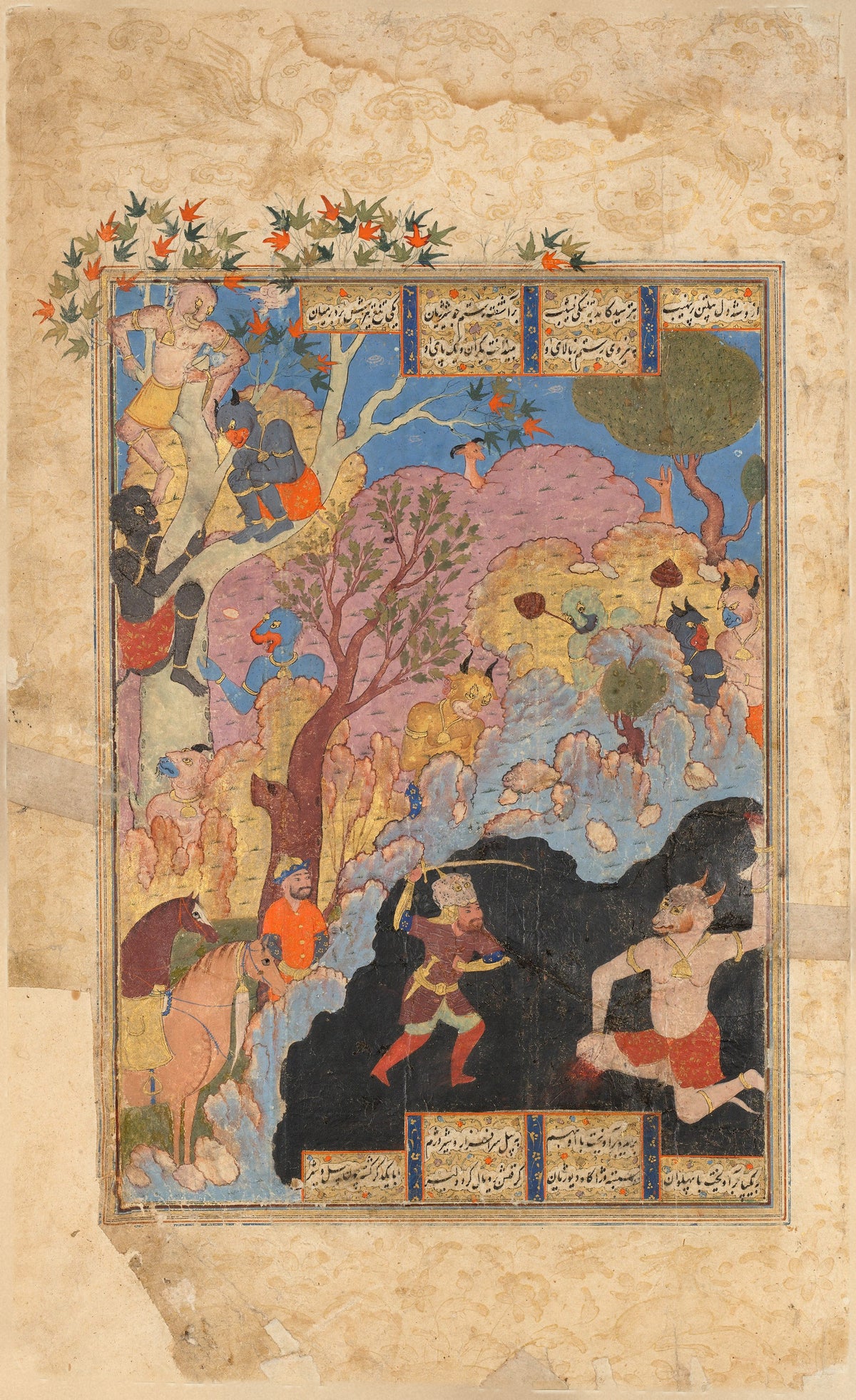 Rustam Slays the White Div by Shahnameh (Firdausi) — A warrior swings his sword at a pale horned demon in a cave