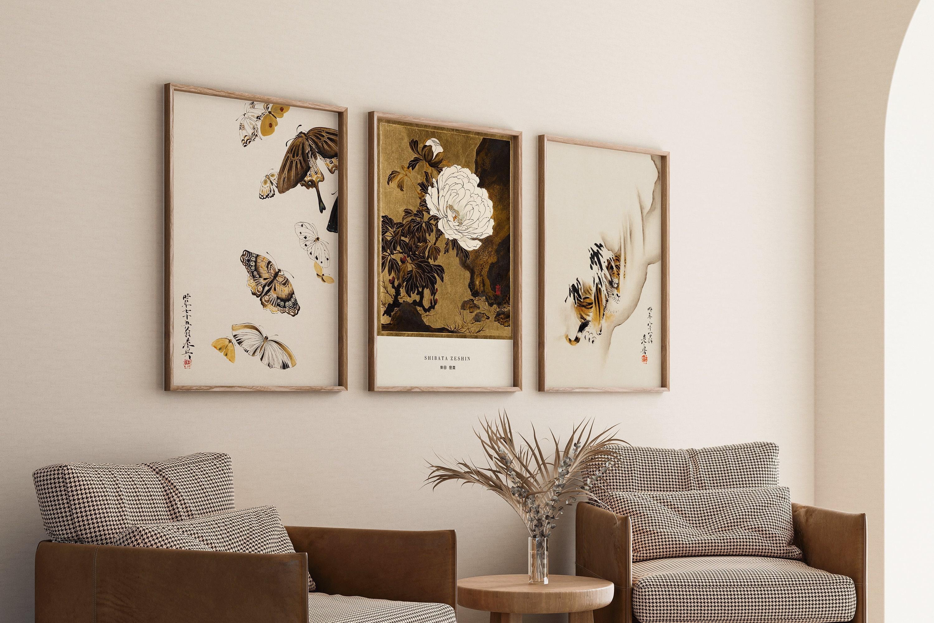 Shibata Zeshin STATEMENT TRIO Minimalist | Butterflies, Peonies, and Tiger | Vintage Japanese Art in Gold available framed - 9ArtPrints
