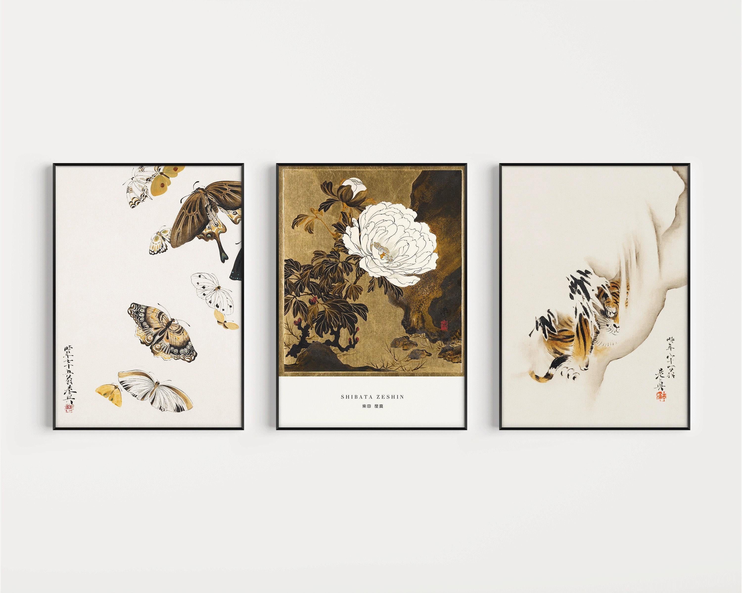 Shibata Zeshin STATEMENT TRIO Minimalist | Butterflies, Peonies, and Tiger | Vintage Japanese Art in Gold available framed - 9ArtPrints