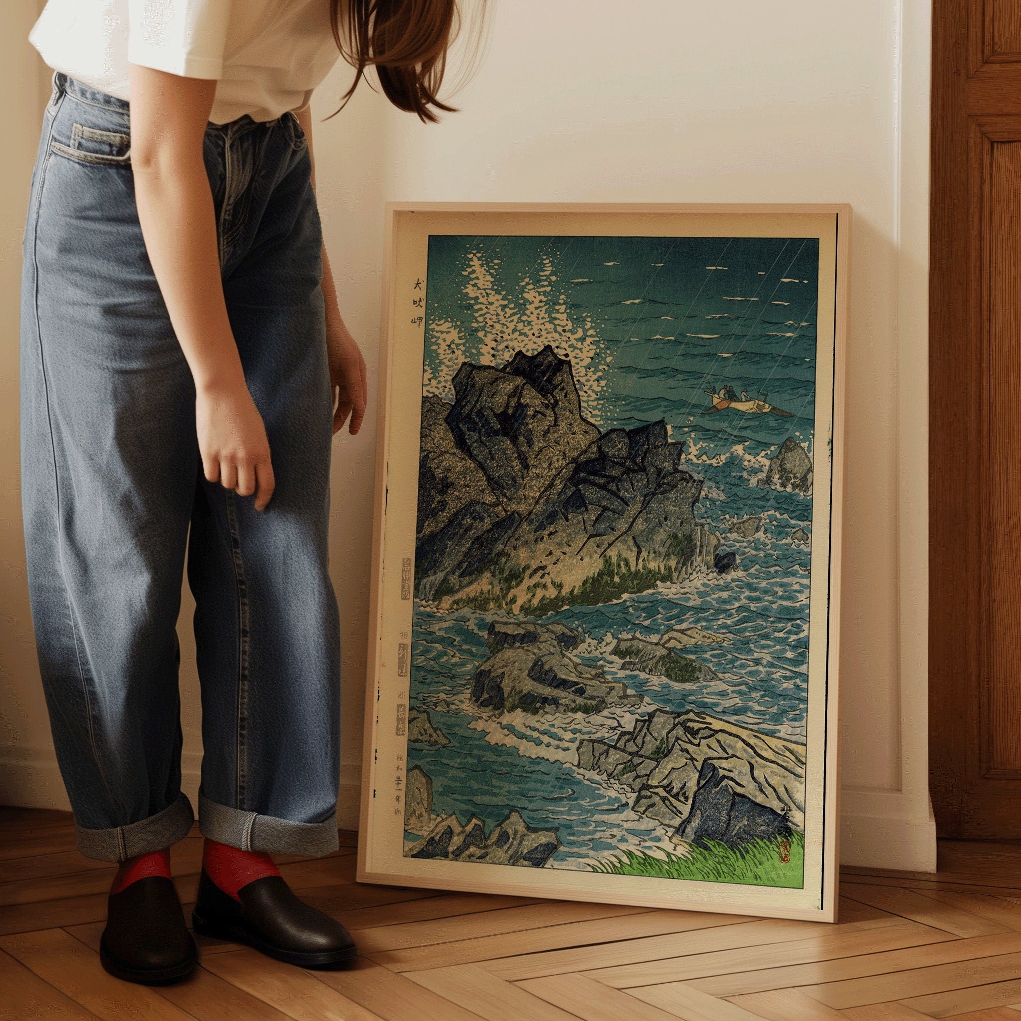 Shiro Kasamatsu - Inubozaki Cape | Vintage Japanese Woodblock Art in Blue (available framed or unframed) - 9ArtPrints