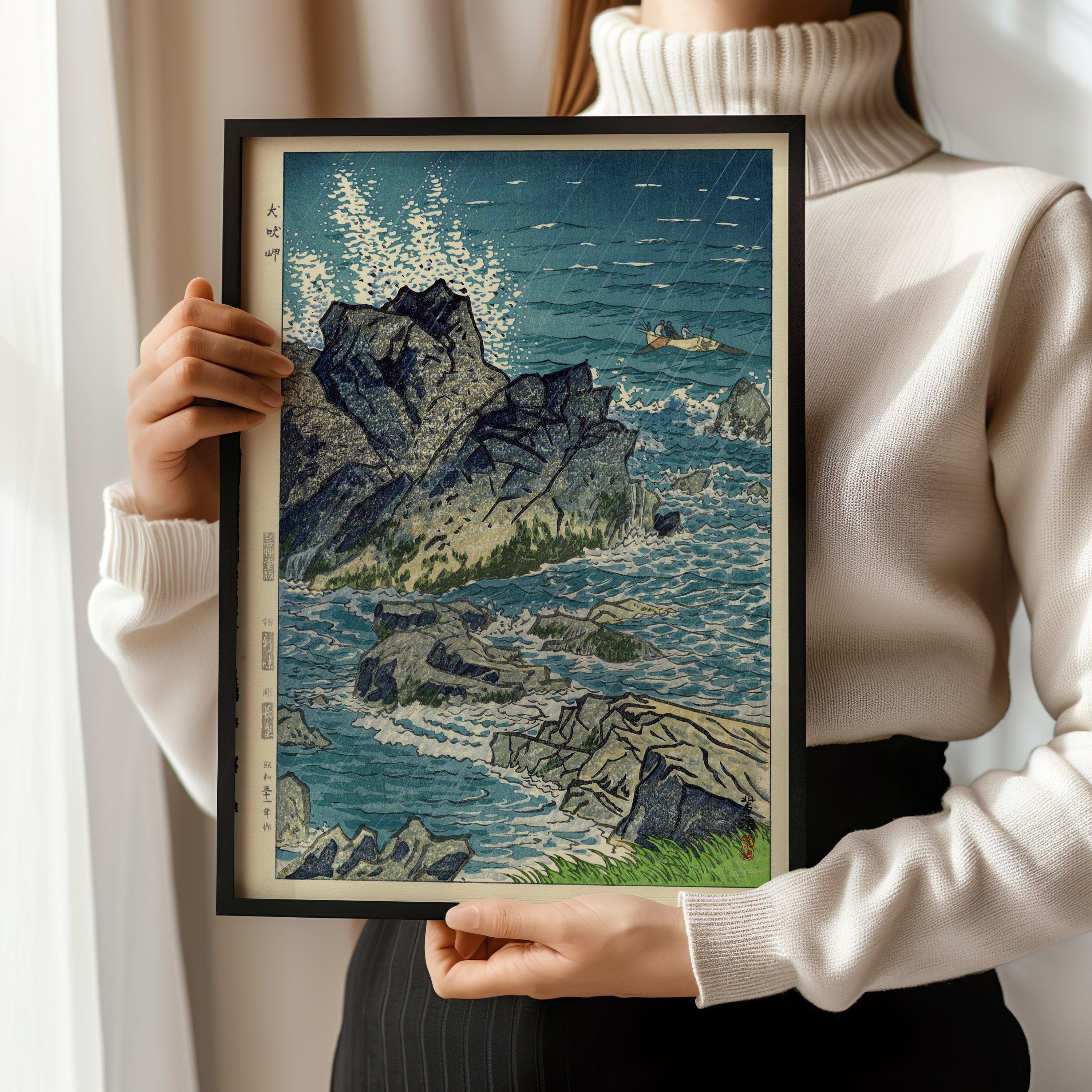 Shiro Kasamatsu - Inubozaki Cape | Vintage Japanese Woodblock Art in Blue (available framed or unframed) - 9ArtPrints