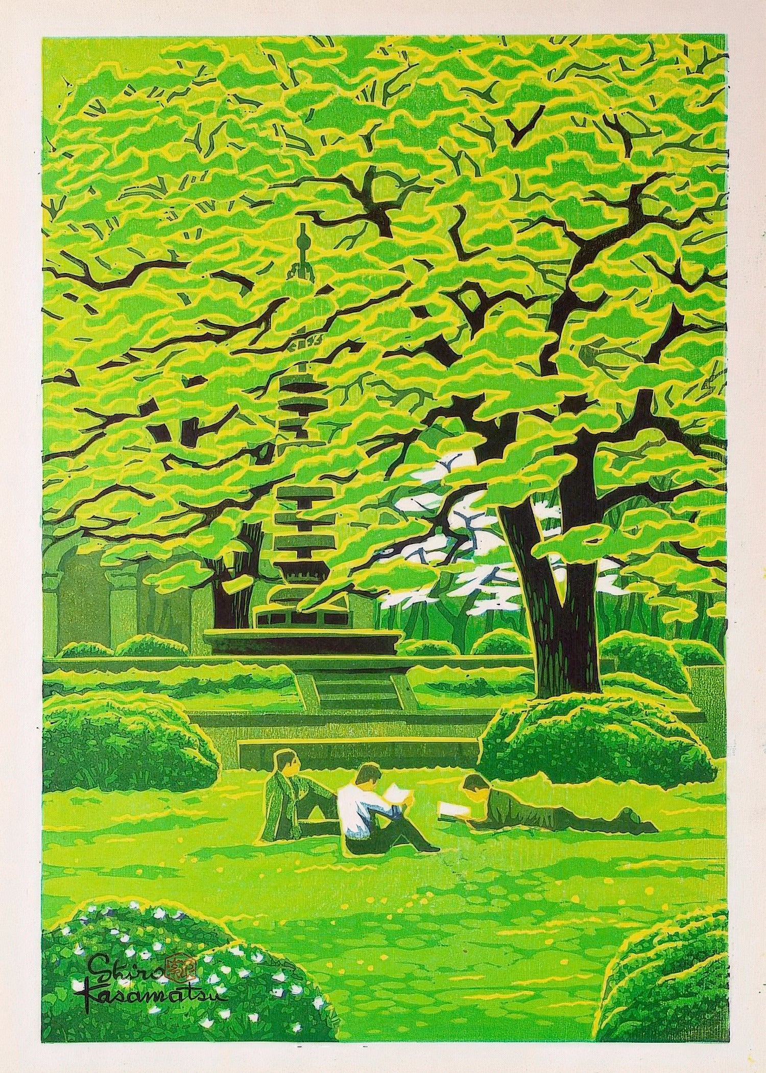 Shiro Kasamatsu Spring Campus Giclee Print: Tranquil Japanese Woodblock Art - 9ArtPrints