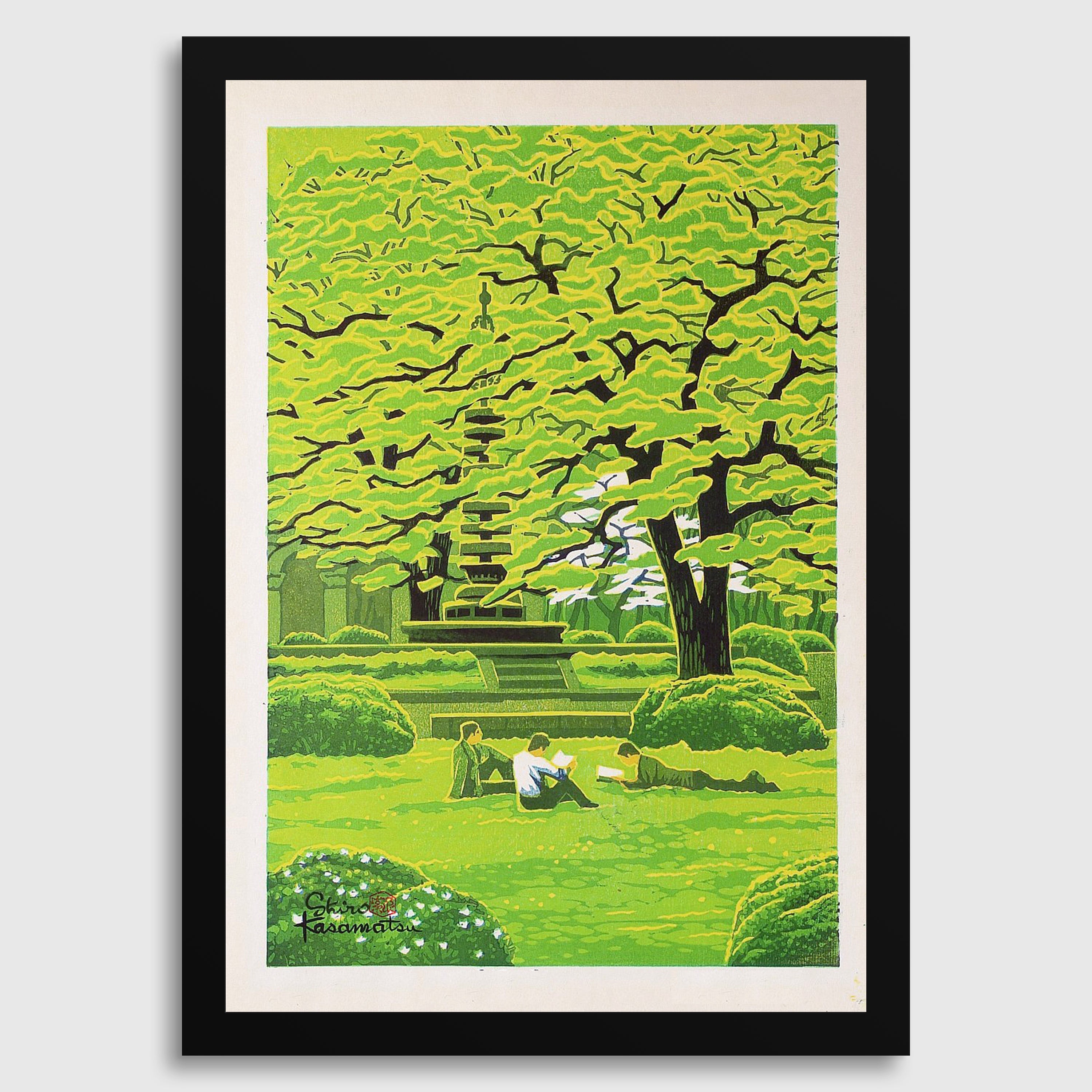 Shiro Kasamatsu Spring Campus Giclée Print: Tranquil Japanese Woodblock Art - 9ArtPrints