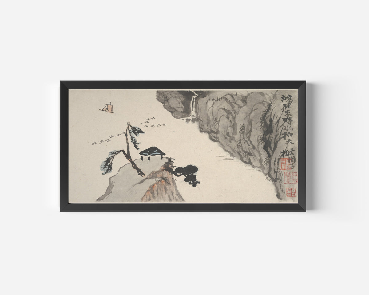 Framed art print of Landscapes of the Four Seasons (Wild Geese and a Hilltop Pavilion) by Shitao, in a wide black frame on a plain white wall