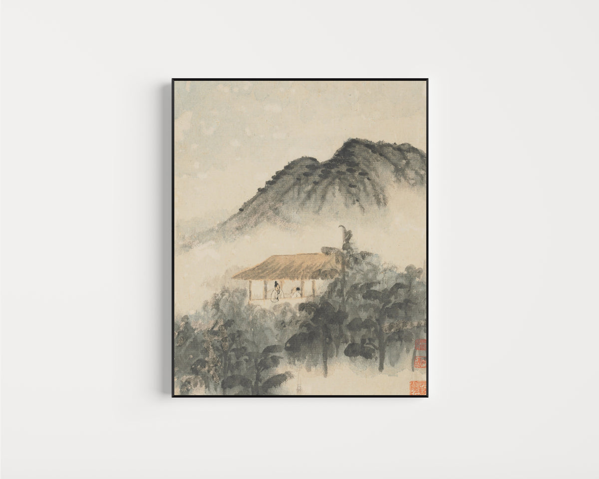 Framed art print of Reminiscences of Qinhuai River (Two Figures in a Thatched Pavilion) by Shitao, in a slim black frame on a plain white wall