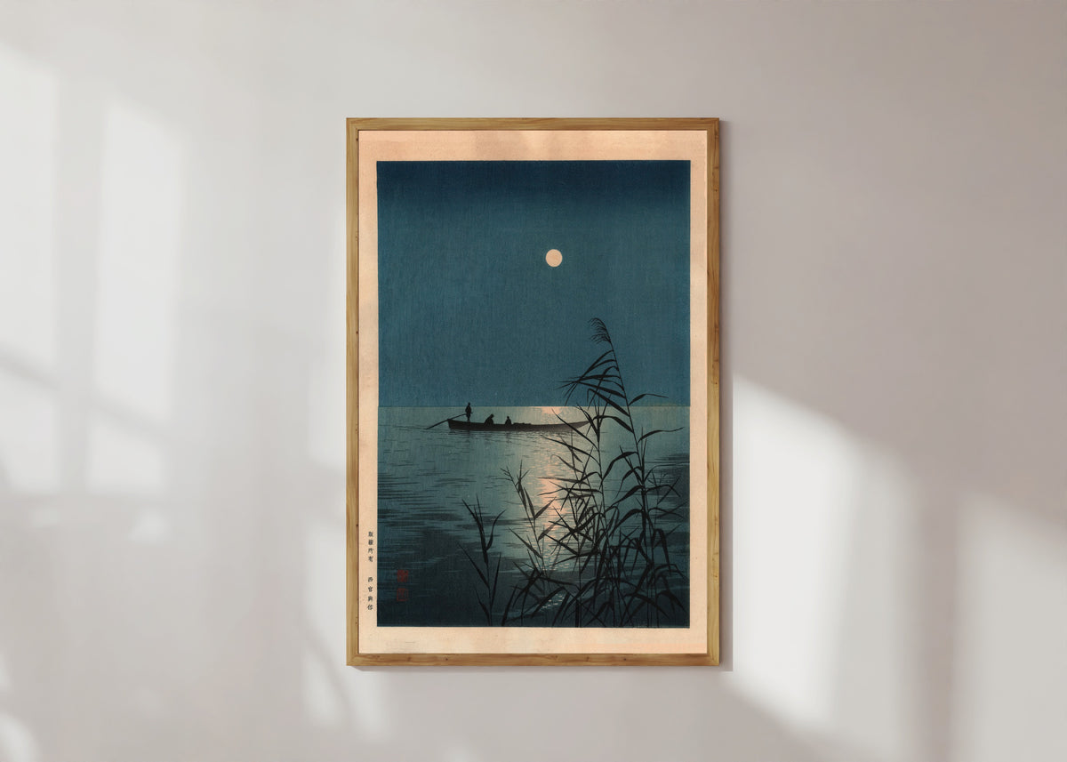Framed art print of Moonlit Sea by Shoda Koho, in a light wood frame on a sunlit white wall