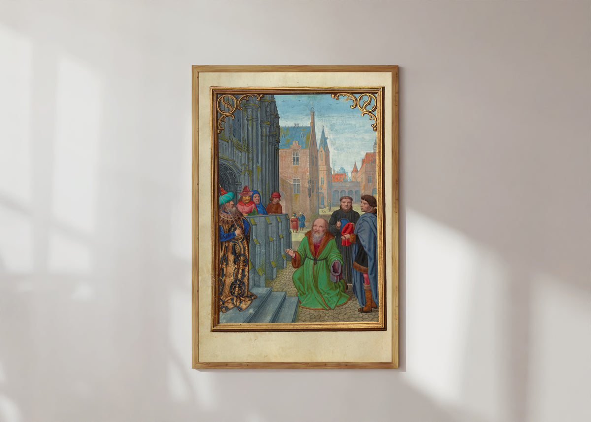 Framed art print of Joseph of Arimathea Before Pilate by Simon Bening, in a light wood frame on a sunlit white wall