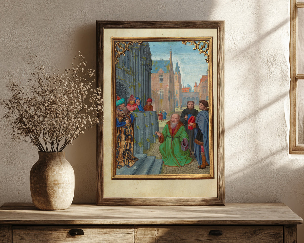 Framed art print of Joseph of Arimathea Before Pilate by Simon Bening, in a dark wood frame leaning on a rustic console beside dried flowers