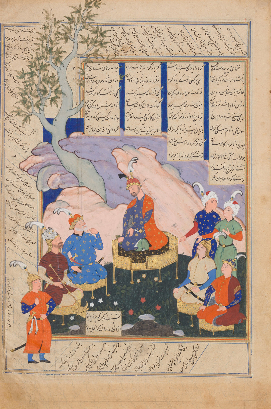 Siyavush — Shahnama: Luhrasp Hears from the Returning Paladins of the Vanishing Kai Khusrau | Persian Miniature Art Print shown to scale on a wall above a sofa