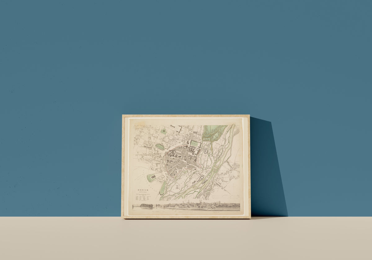 Framed art print of Munich by Society for the Diffusion of Useful Knowledge, in a light wood frame leaning on a blue wall