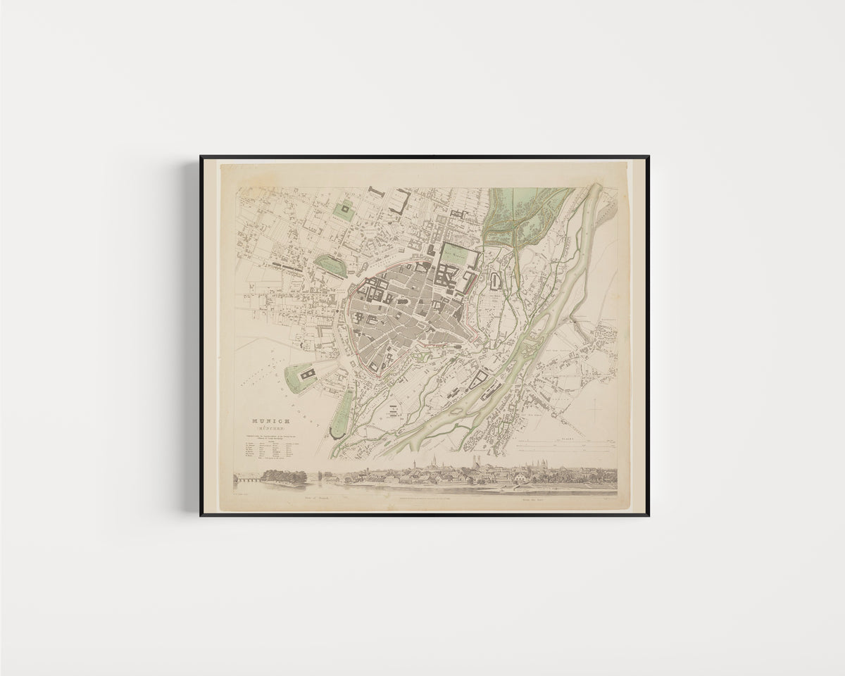 Framed art print of Munich by Society for the Diffusion of Useful Knowledge, in a slim black frame on a plain white wall