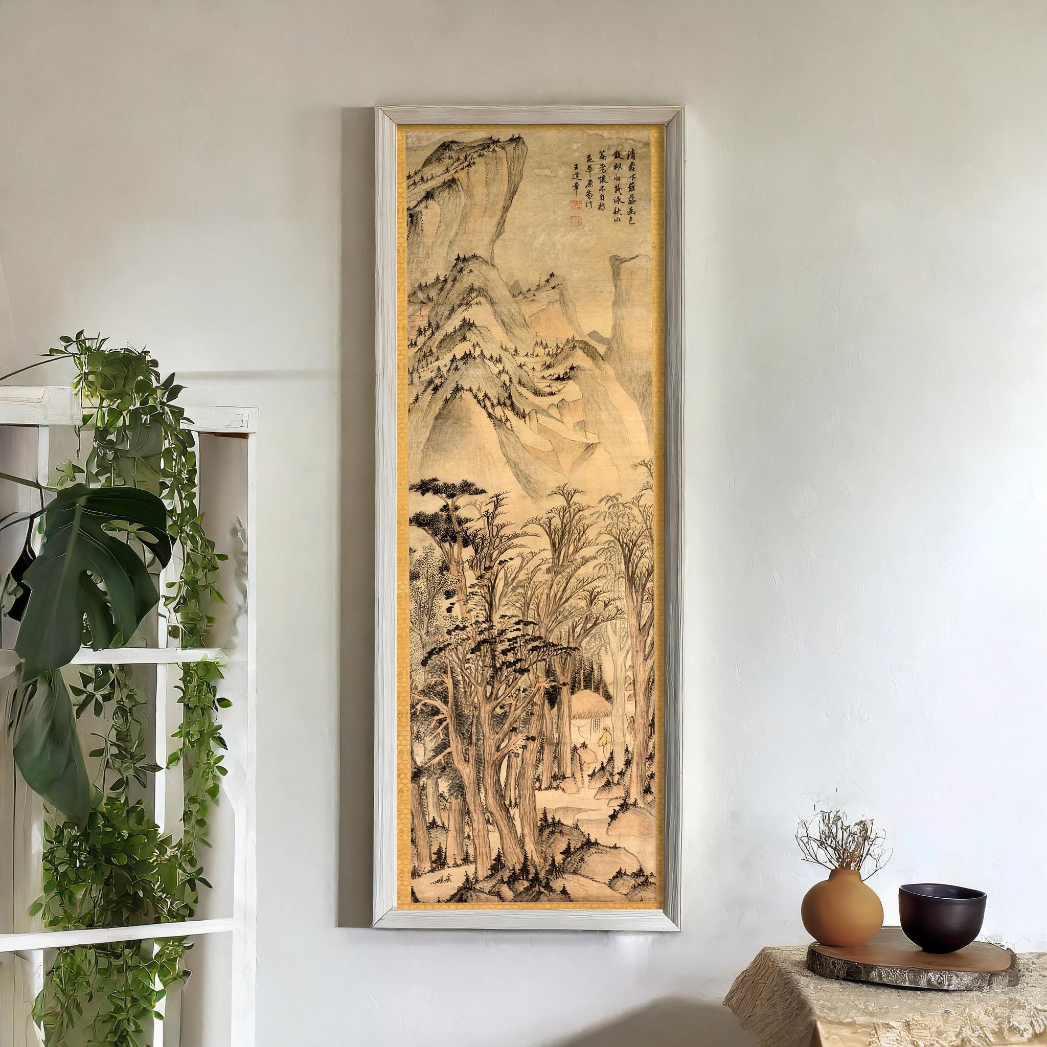 Solitary Colours of the Autumn Woods - Wang Jianzhang | A Stunning Chinese Super Tall Artwork in Warm Sepia (available framed or unframed) - 9ArtPrints