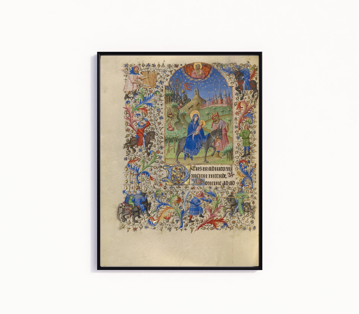 Framed art print of The Flight into Egypt by Spitz Master, in a slim black frame on a plain white wall