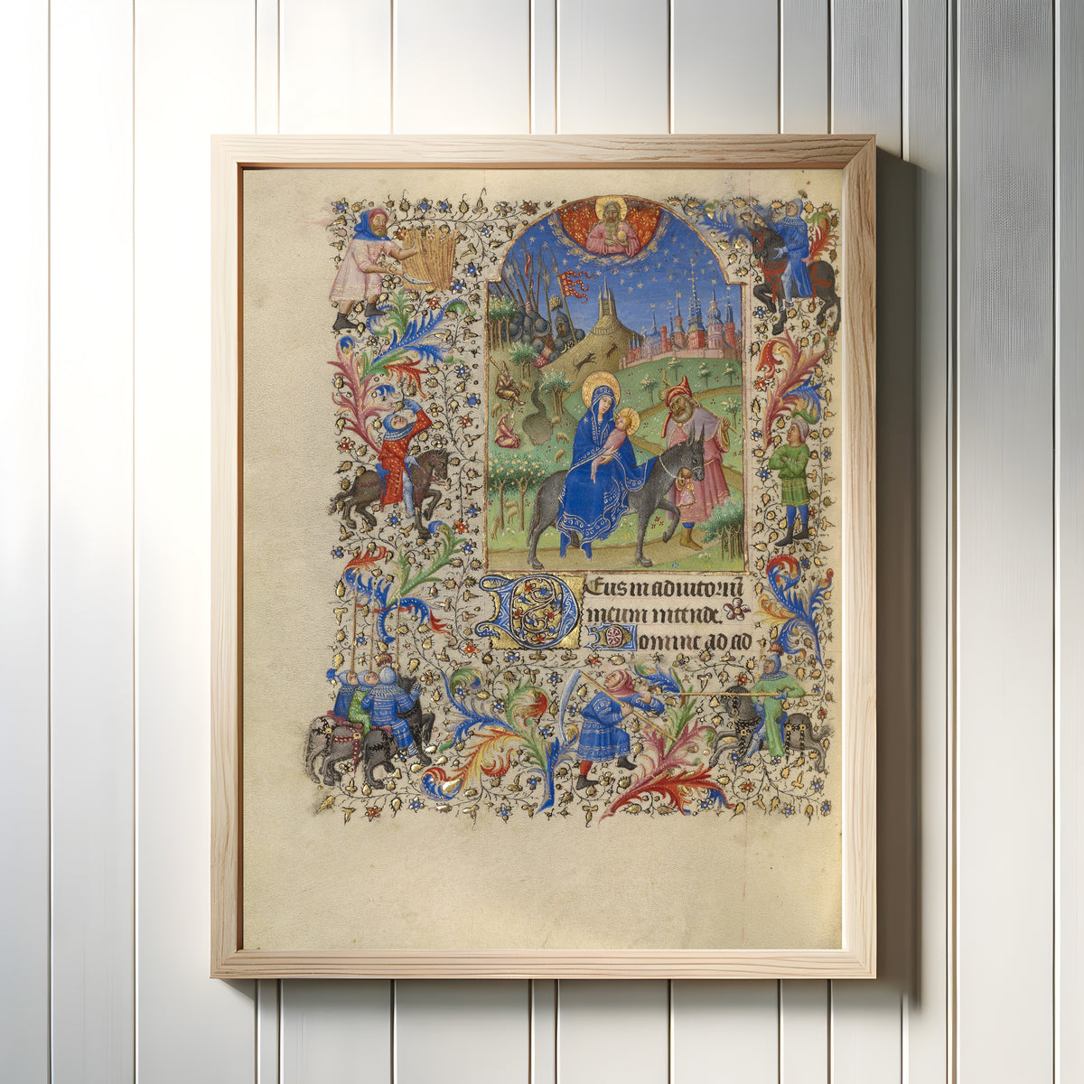 Framed art print of The Flight into Egypt by Spitz Master, in a light wood frame on a white panelled wall