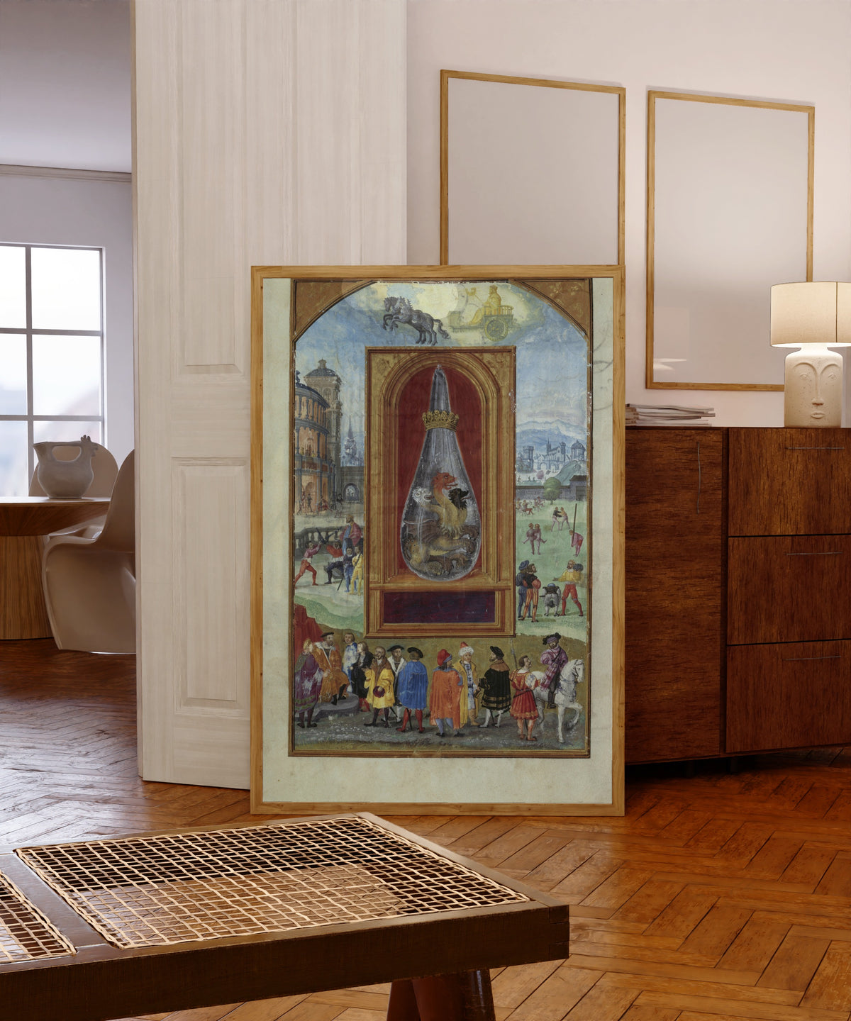 Framed art print of Sol and His Children by Splendor Solis, in a light wood frame leaning in a warm room with a parquet floor