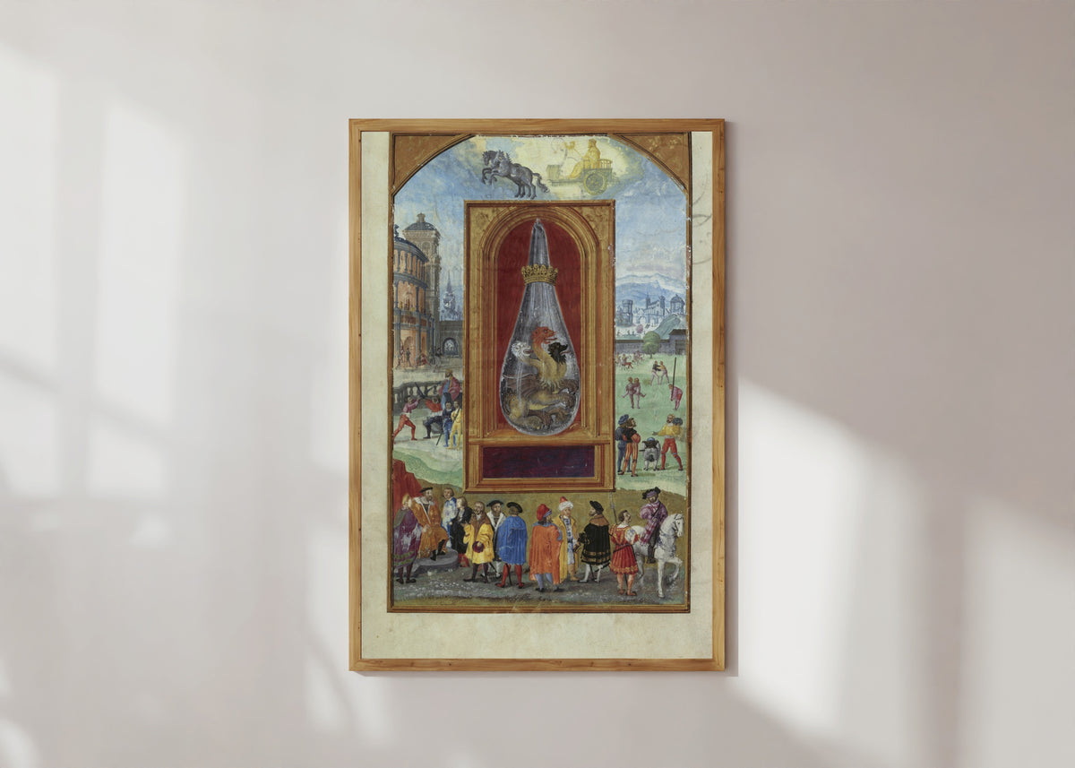Framed art print of Sol and His Children by Splendor Solis, in a light wood frame on a sunlit white wall