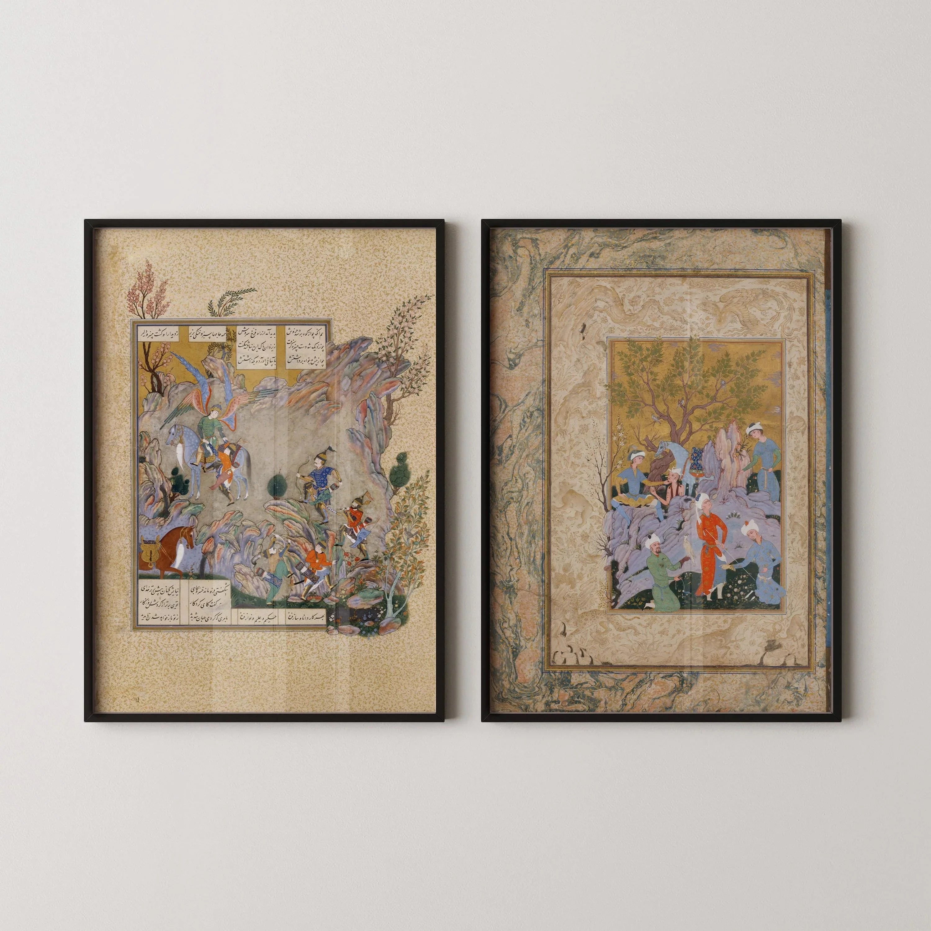 STATEMENT DUO Ancient Persian Miniatures - Hawking Party and Shahnameh | | Ancient Illuminated Manuscript available framed - 9ArtPrints
