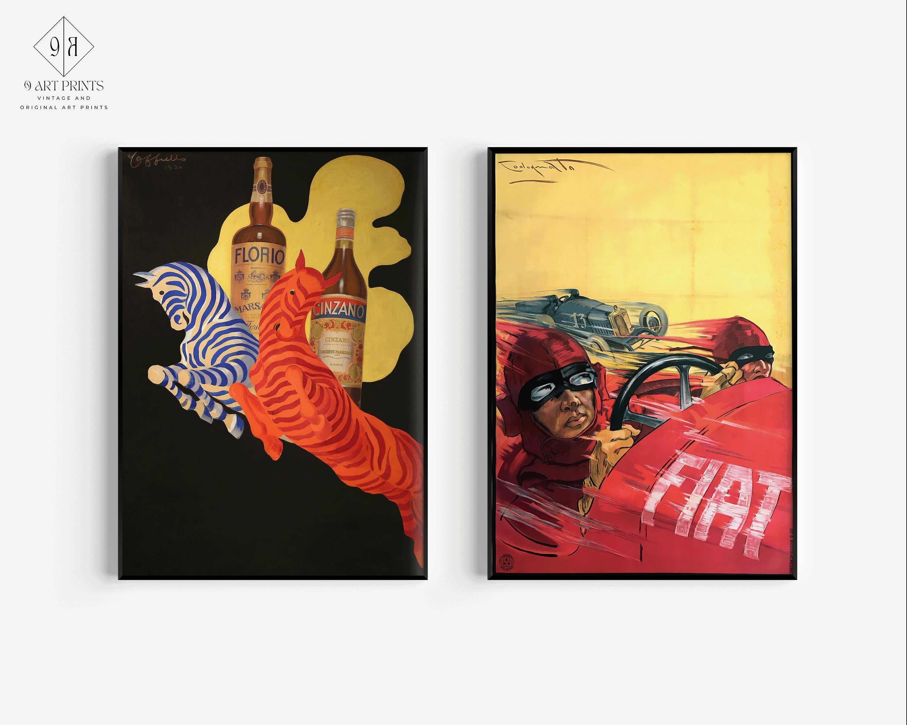STATEMENT DUO Vintage Italian Posters Dynamic Art Deco Florio Cinzano & Bold Fiat Racing Prints Iconic Art Available Framed - 9ArtPrints