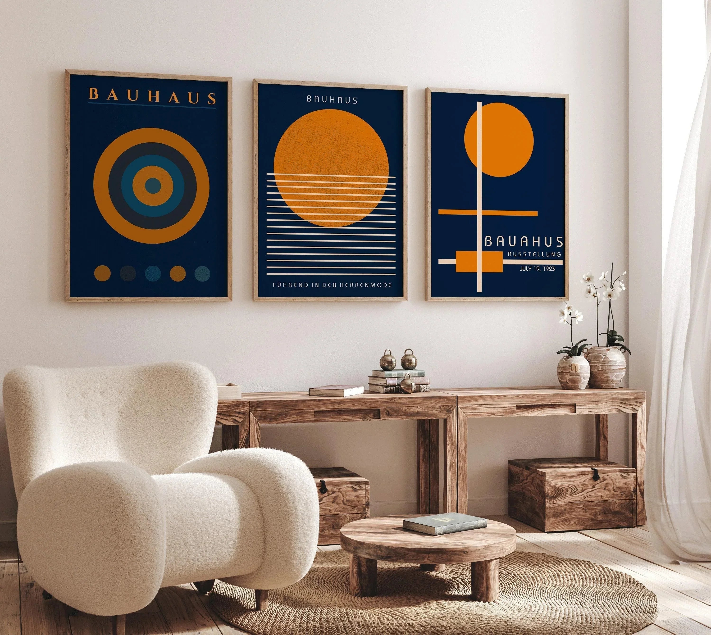 STATEMENT TRIO Bauhaus Navy - Blue Orange | Mid - century Modern Art available framed or unframed - 9ArtPrints