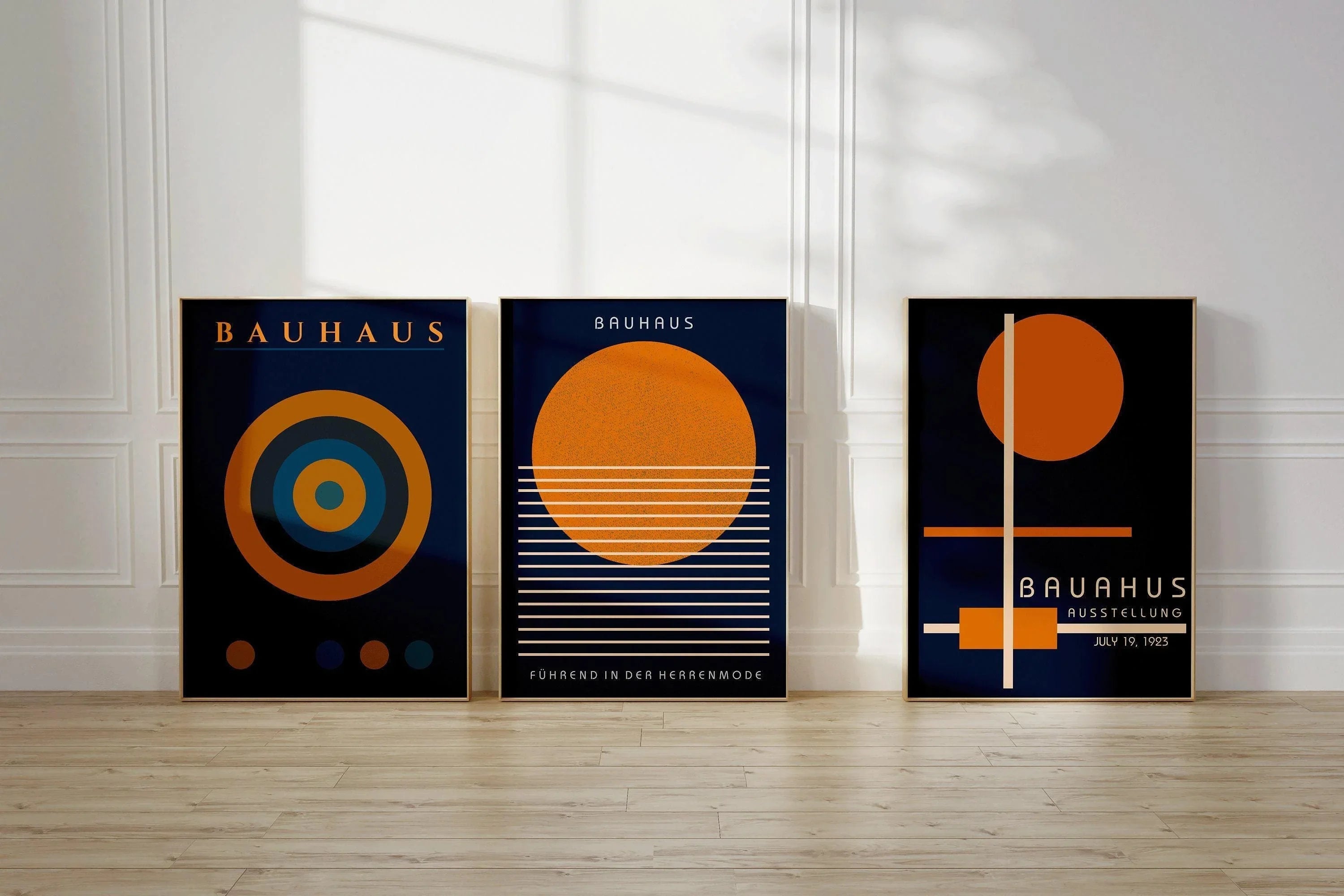 STATEMENT TRIO Bauhaus Navy - Blue Orange | Mid - century Modern Art available framed or unframed - 9ArtPrints
