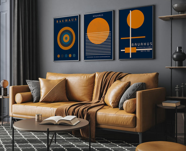 Bauhaus — Statement Trio | Navy Blue & Orange Mid-Century Modern Art Print