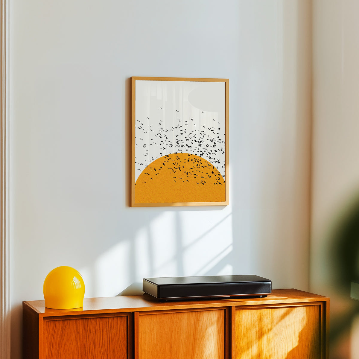 Framed art print of Sunset and Birds by Bauhaus, in a light wood frame on a white wall above an orange sideboard