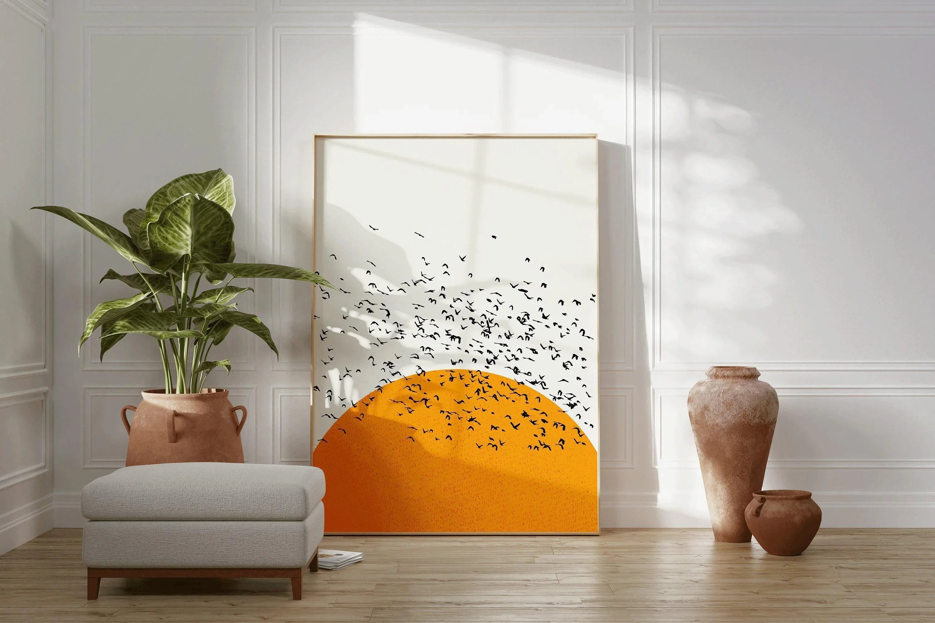 Sunset Birds Giclee Print: Retro Minimalist Art, Handframed Option - 9ArtPrints