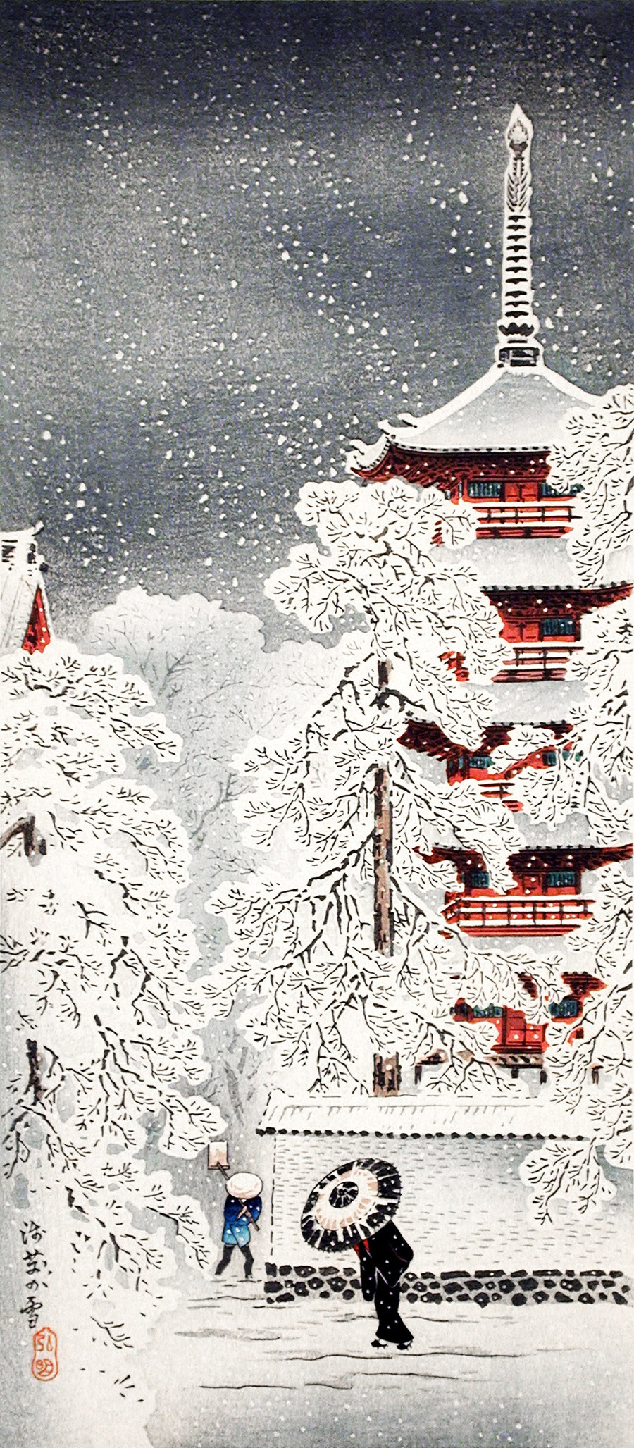 Takahashi Shotei — Snow at Asakusa, Yedo, Musashi Province | Japanese Woodblock Print (Shin Hanga) shown to scale on a wall above a sofa