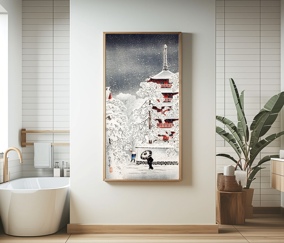 Snow at Asakusa, Yedo, Musashi Province by Takahashi Shotei — framed in a bathroom beside a freestanding tub