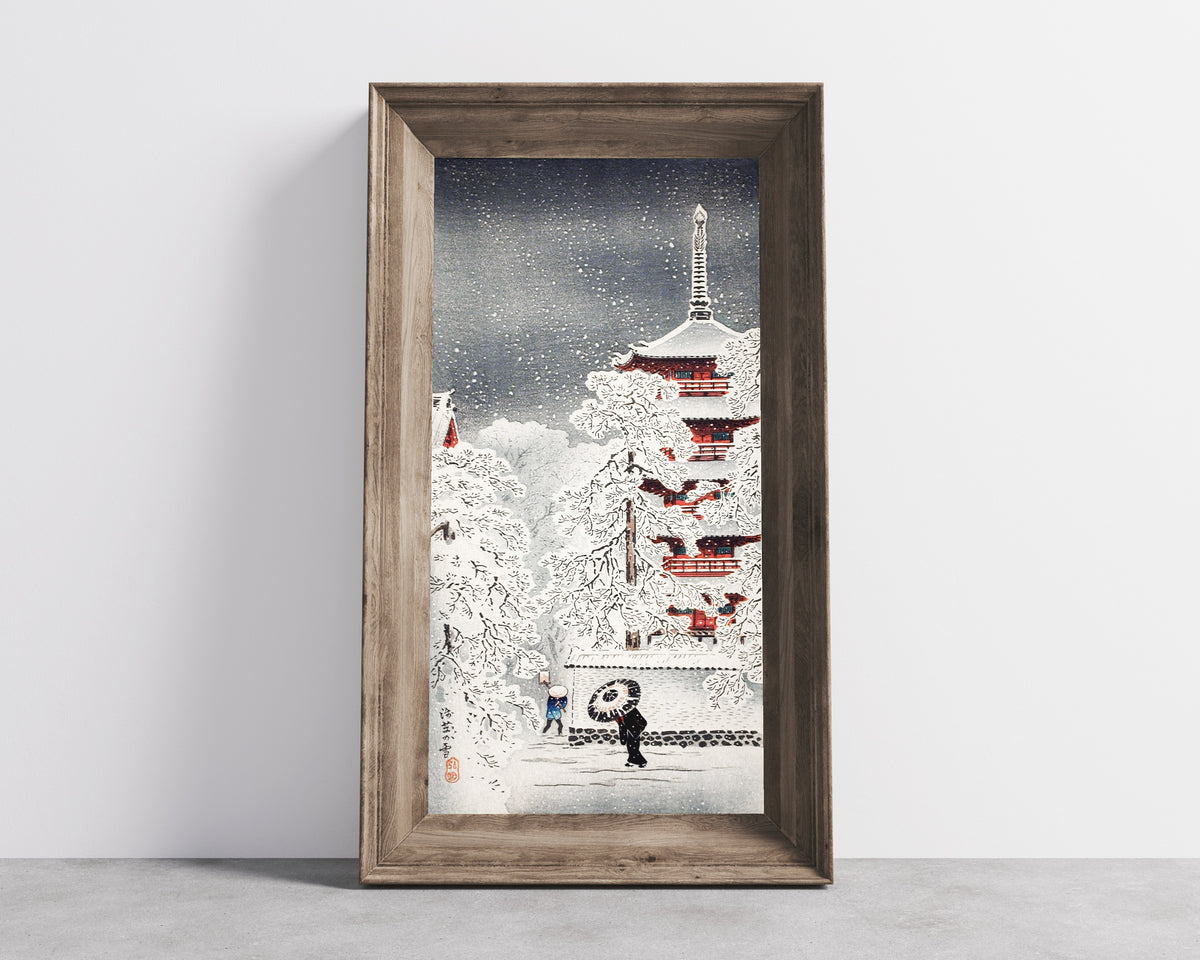 Snow at Asakusa, Yedo, Musashi Province by Takahashi Shotei — in a wide wooden frame leaning against a concrete wall