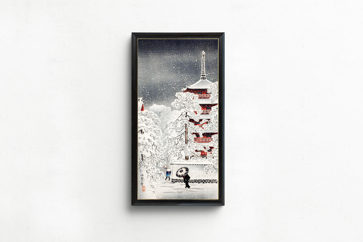 Snow at Asakusa, Yedo, Musashi Province by Takahashi Shotei — in a slim black frame on a plain white wall