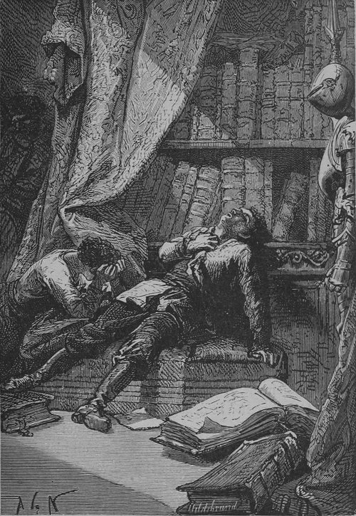 Étendu sur un divan (Stretched out on a divan) by Alphonse de Neuville — A man slumps gasping on a divan in a library of heavy books