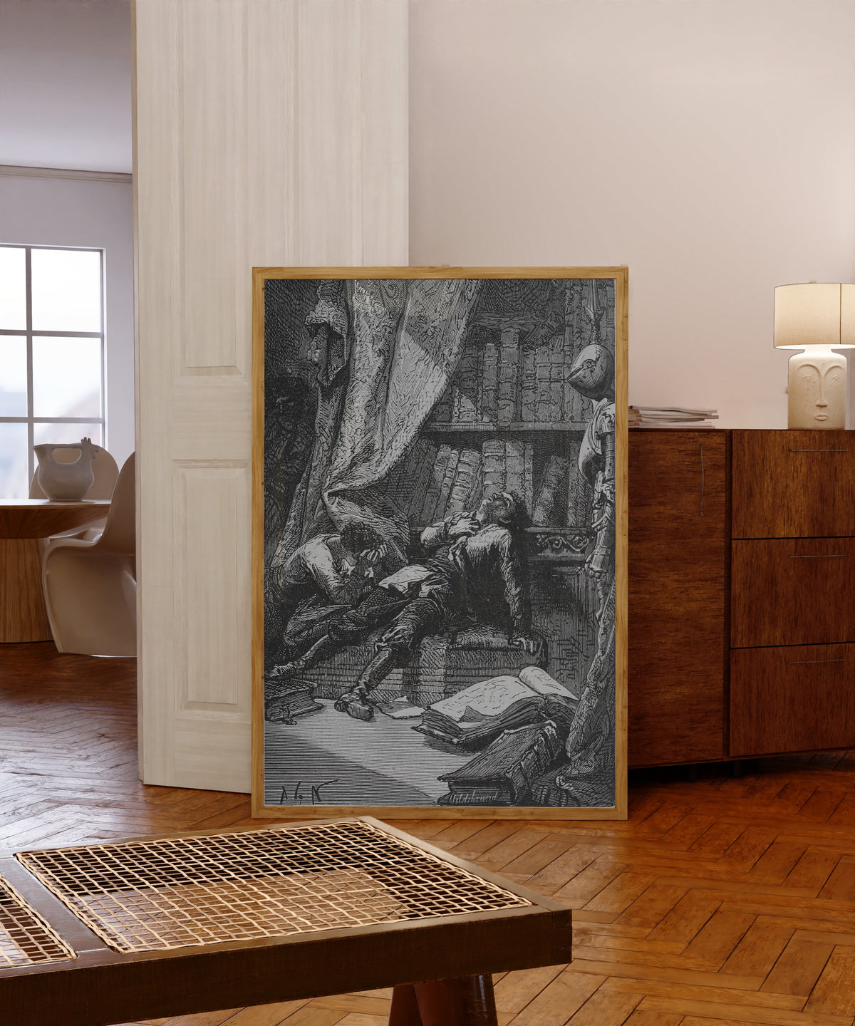 Framed art print of Étendu sur un divan (Stretched out on a divan) by Alphonse de Neuville, in a light wood frame leaning in a warm room with a parquet floor