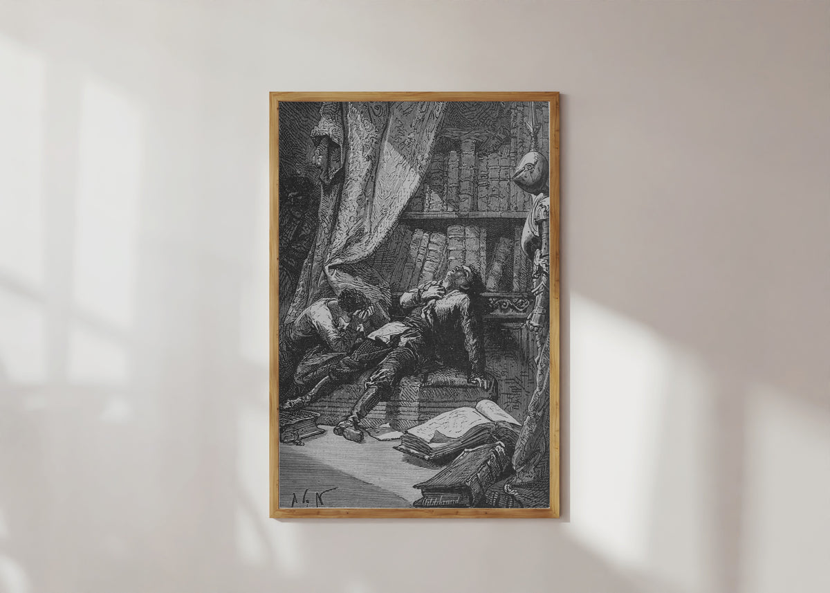 Framed art print of Étendu sur un divan (Stretched out on a divan) by Alphonse de Neuville, in a light wood frame on a sunlit white wall