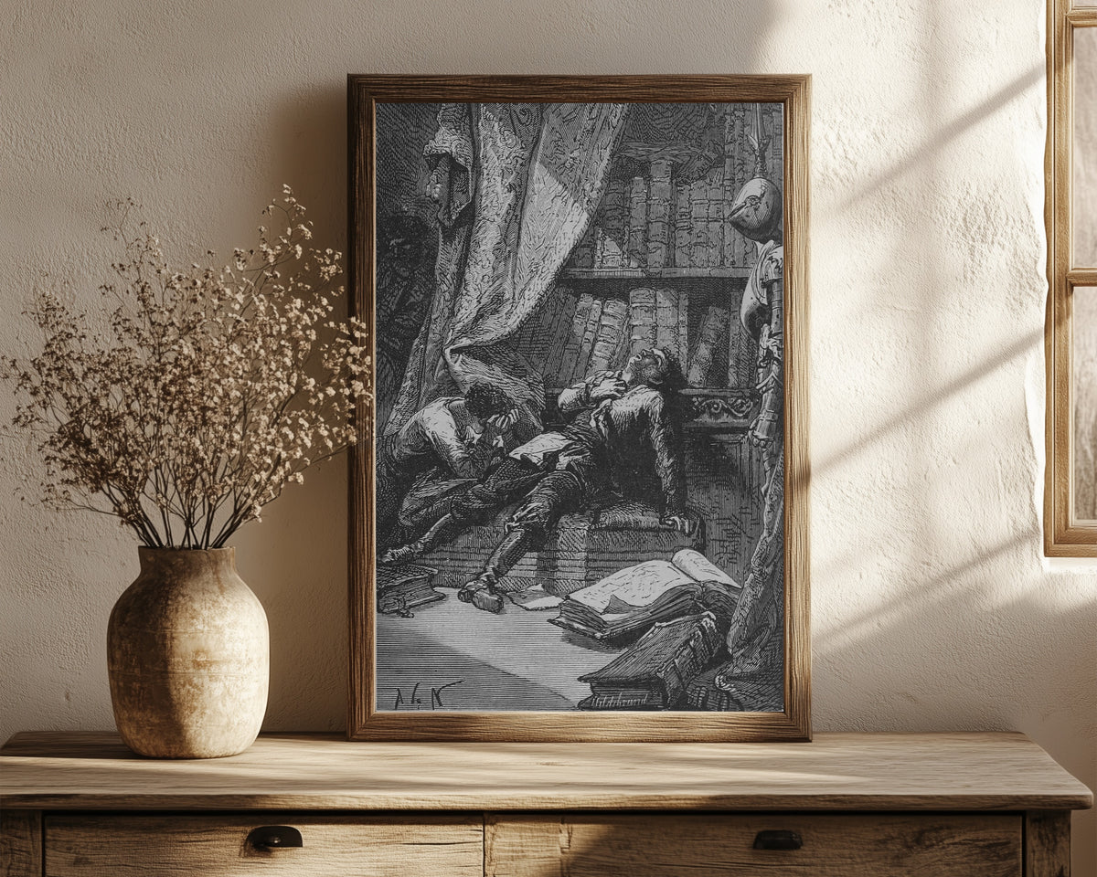 Framed art print of Étendu sur un divan (Stretched out on a… by Alphonse de Neuville, in a dark wood frame leaning on a rustic console beside dried flowers