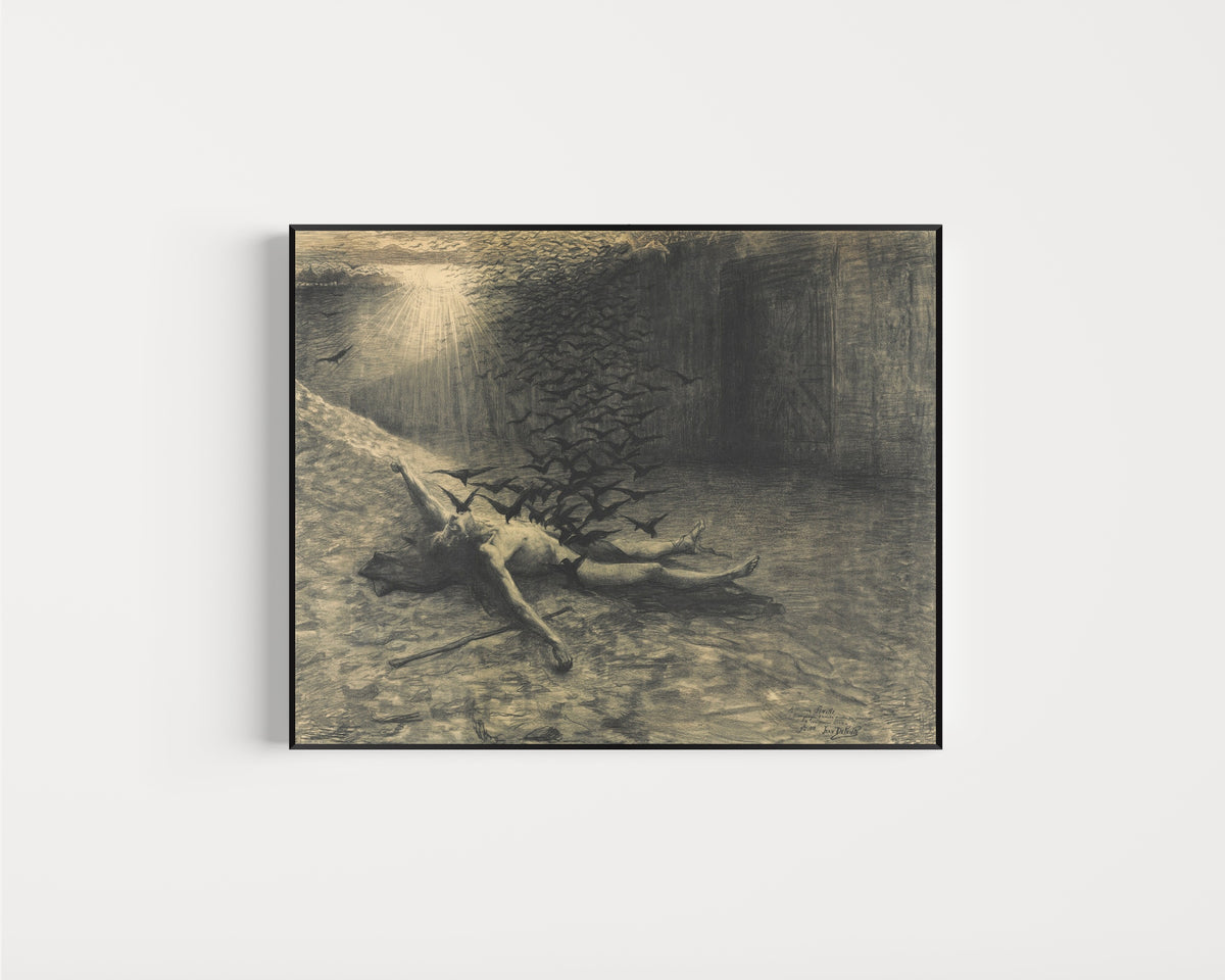 Framed art print of The Birds of Lake Stymphale by Jean Delville, in a slim black frame on a plain white wall