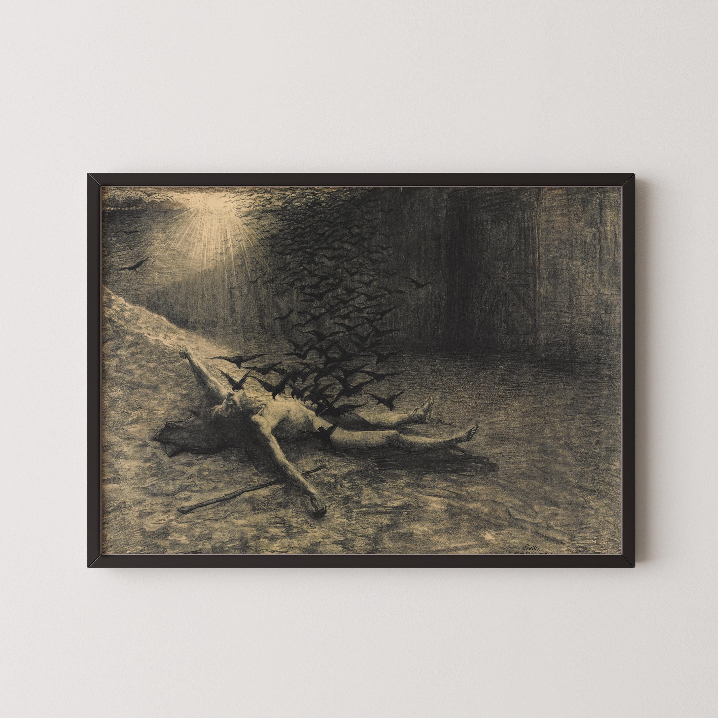 The Birds of Lake Stymphale - Jean Delville | Symbolist Masterpiece Artwork | Vintage Neutral Sketch Art available framed or unframed - 9ArtPrints