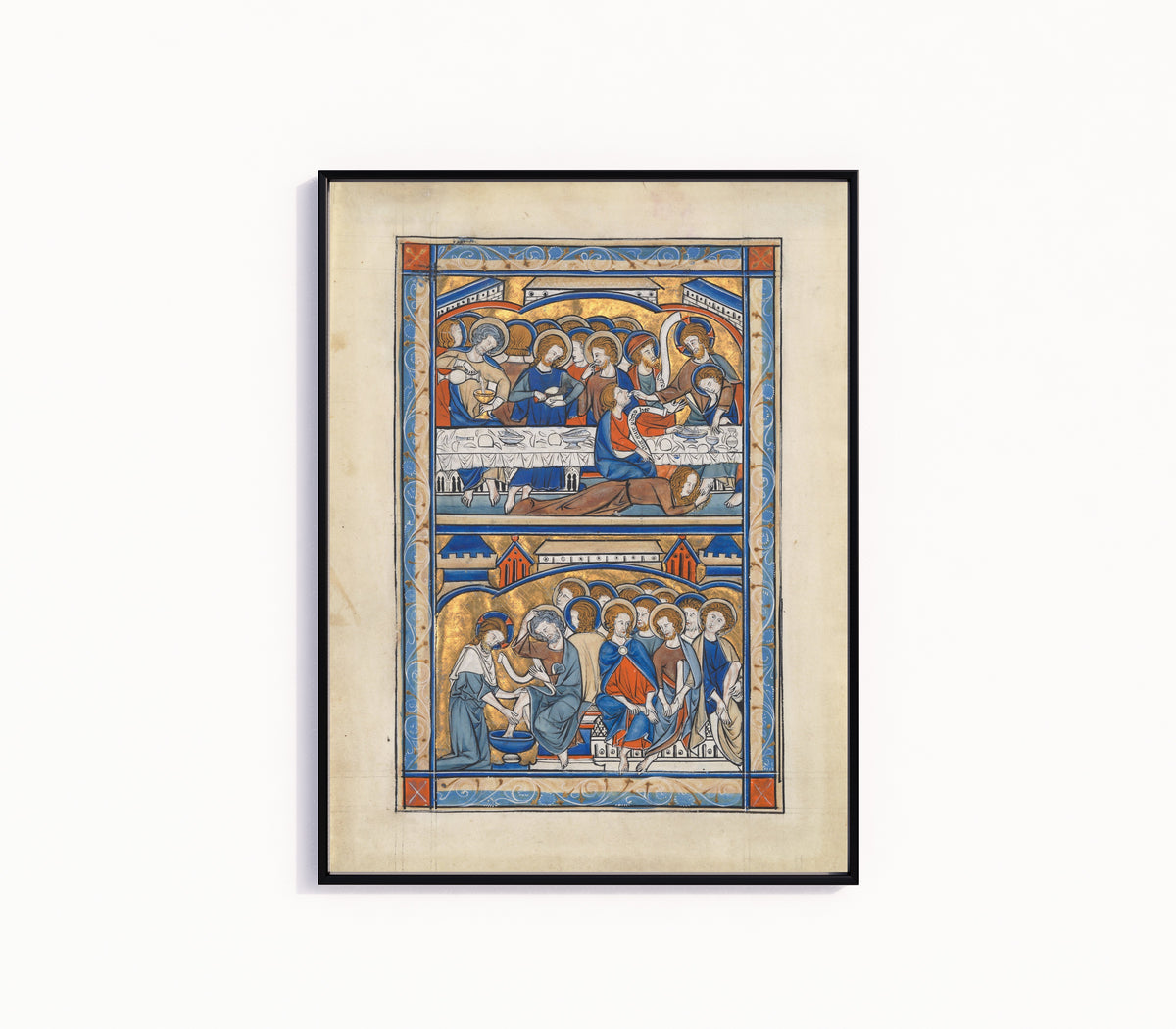 Framed art print of The Last Supper and the Washing of the Apostles' Feet, in a slim black frame on a plain white wall