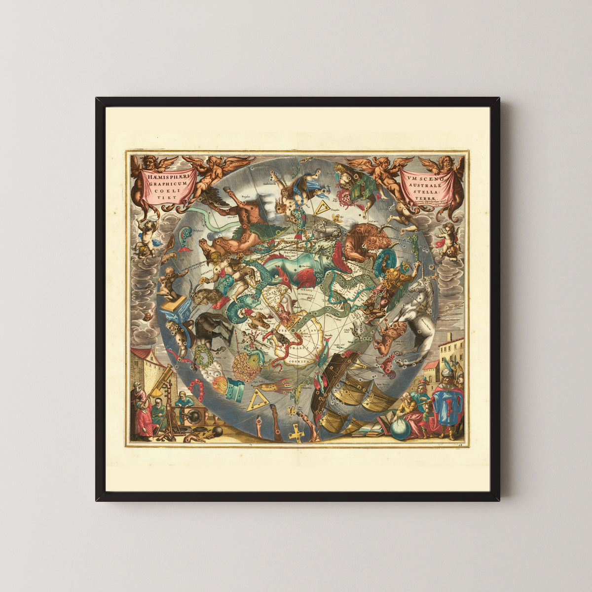 Andreas Cellarius — A Scenographic View of the Southern Heaven and Earth (Plate 28, Slate Colouring) | Celestial Map Print