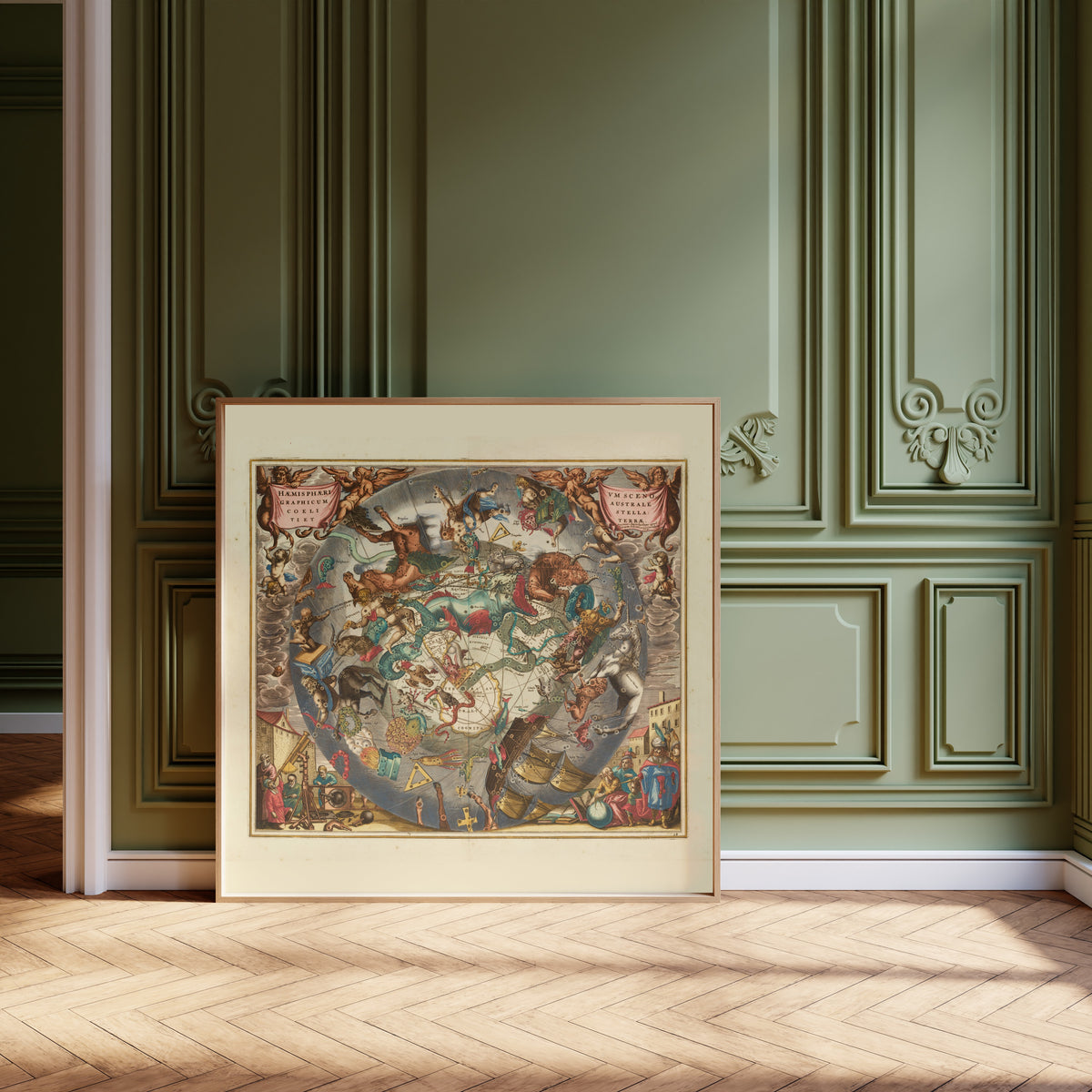 Andreas Cellarius — A Scenographic View of the Southern Heaven and Earth (Plate 28, Slate Colouring) | Celestial Map Print